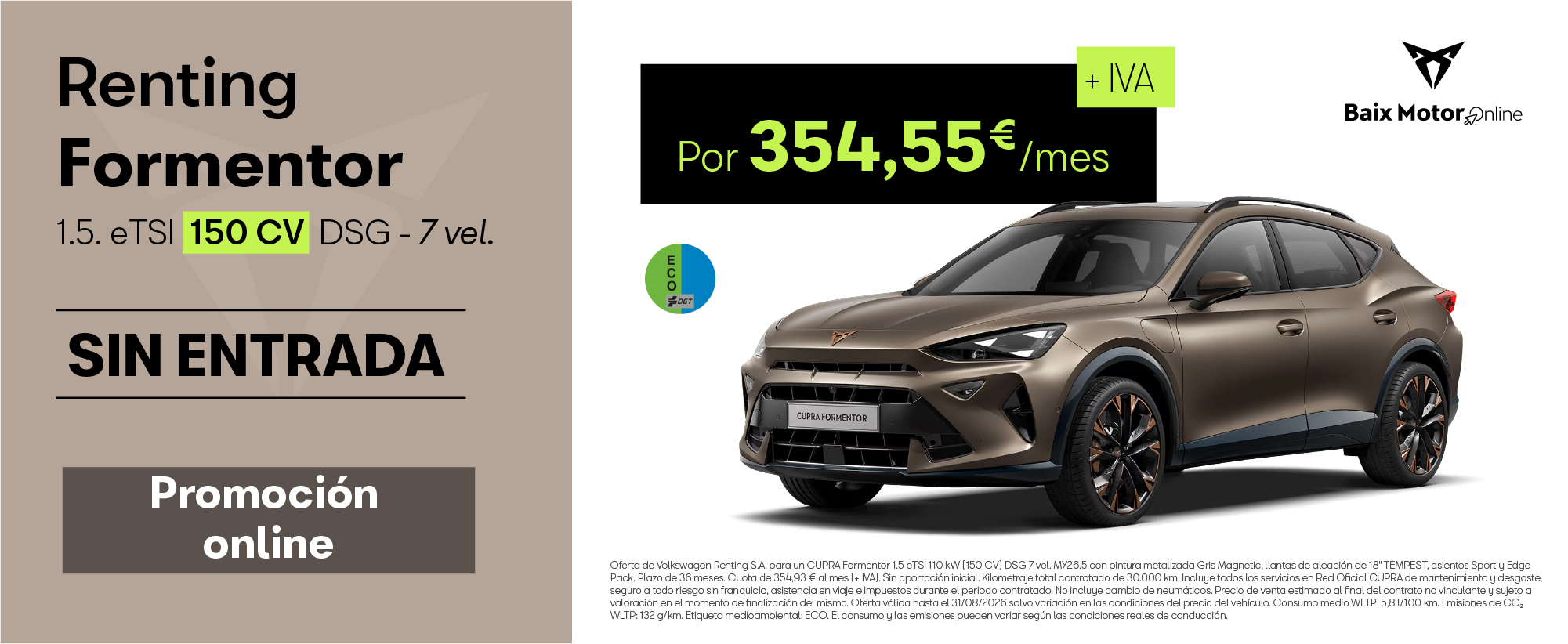 ¡Sin entrada! Renting CUPRA Formentor por 354,55 €/mes + IVA